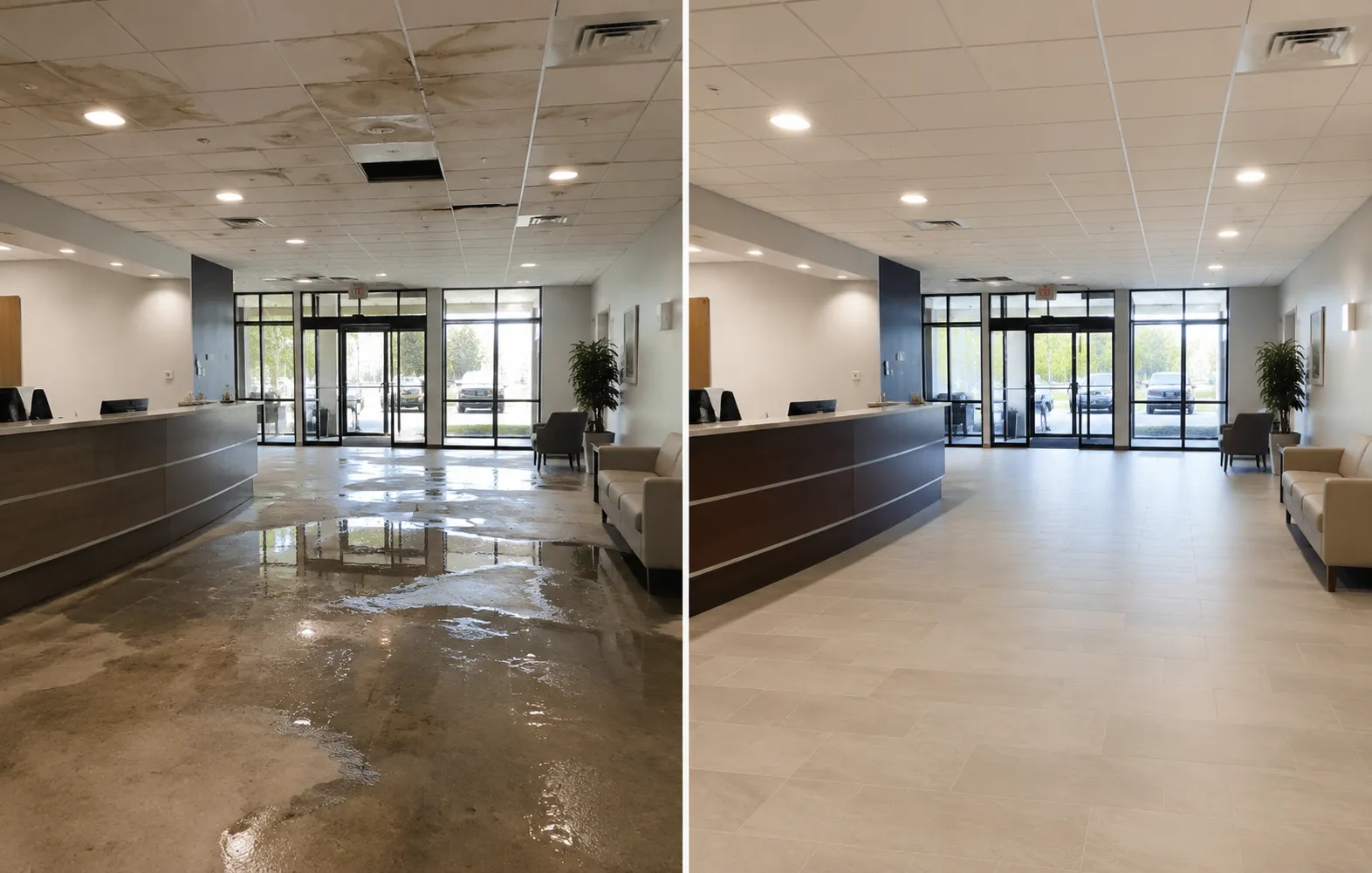 Before and after commercial lobby water damage restoration in a Culver City office
