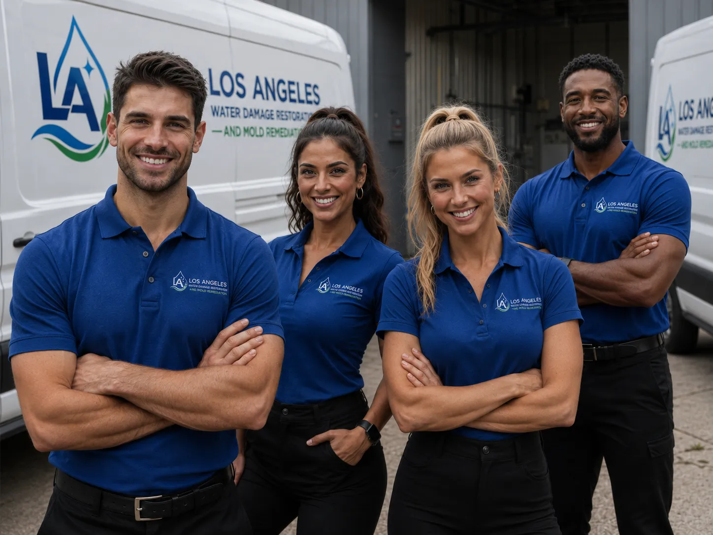 The certified Los Angeles Water Damage Restoration & Mold Remediation crew in front of company vans
