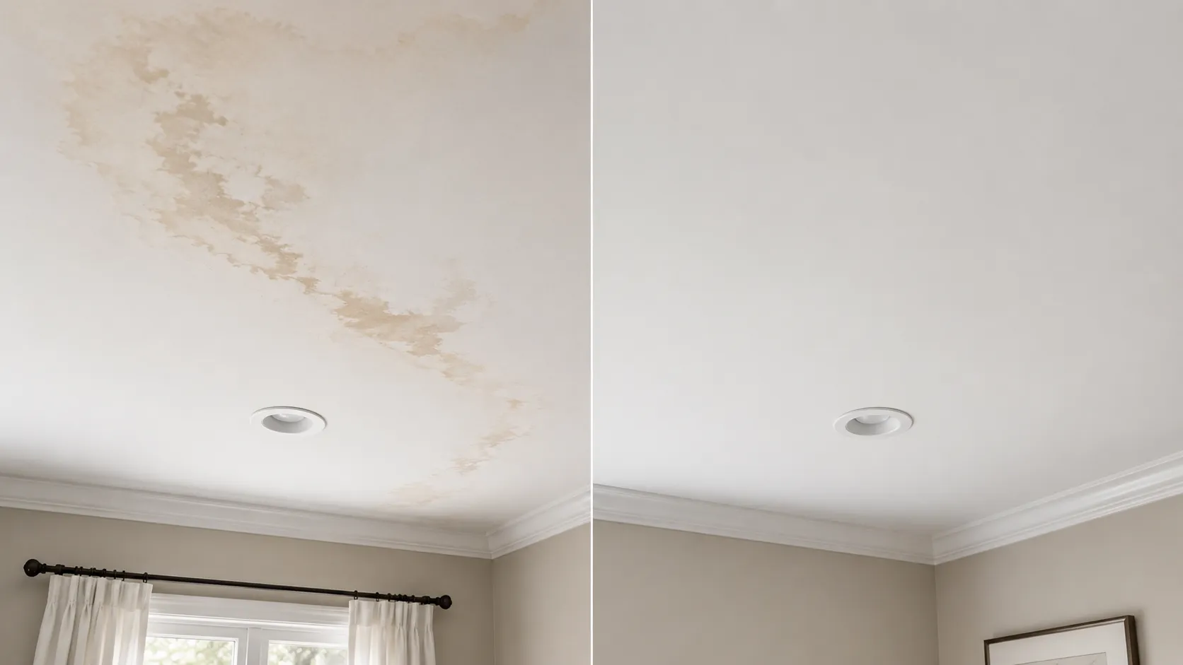 Before and after ceiling water damage repair from roof intrusion in a Pasadena residence