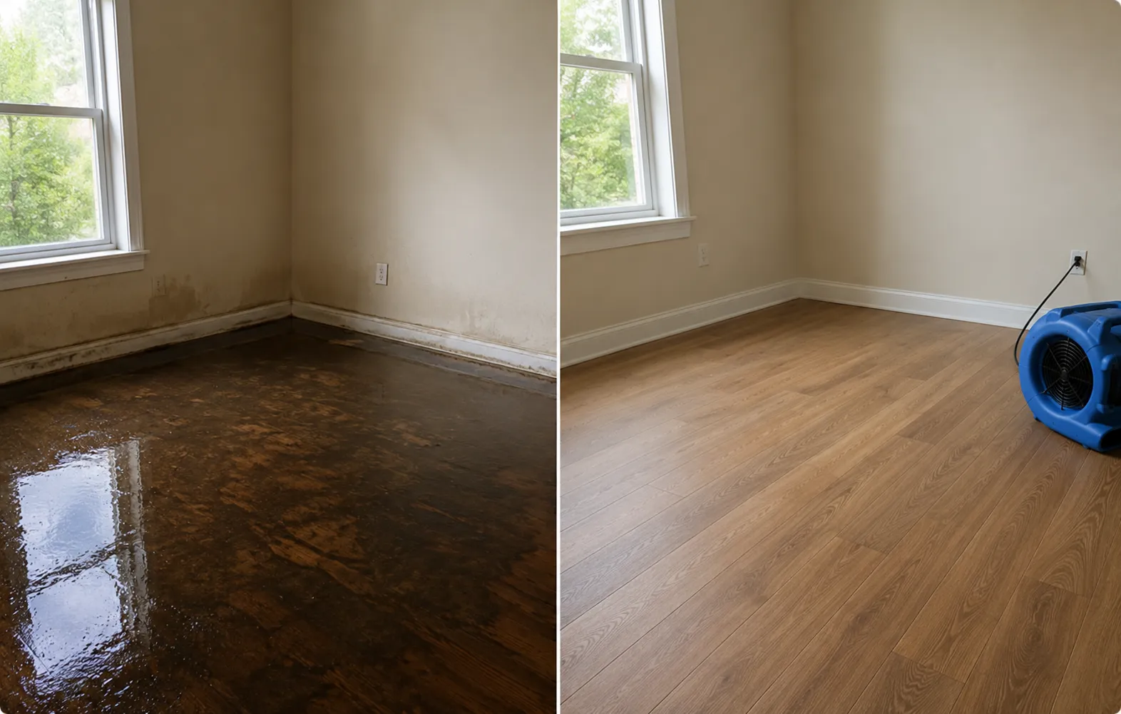 Before and after water extraction and hardwood floor drying in a Brentwood home